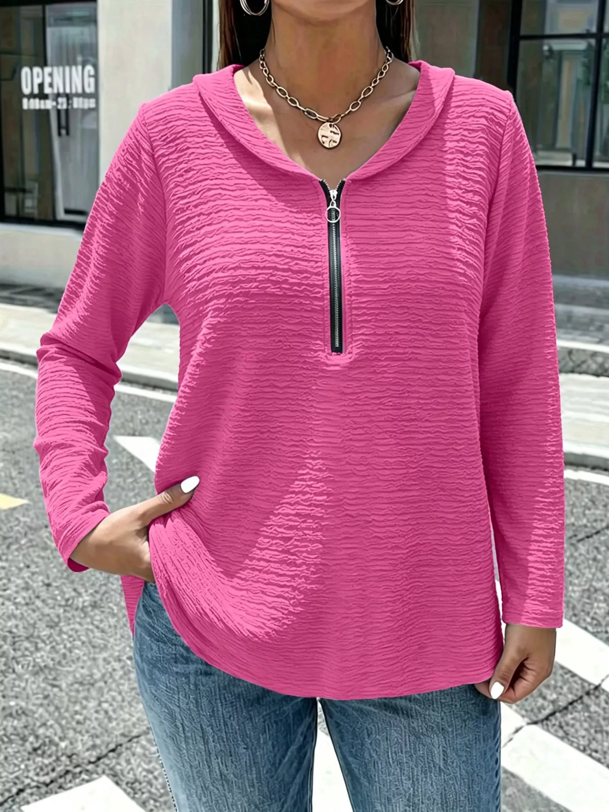 full size textured quarter-zip blouse plus | dropsona - neutral - everyday use
