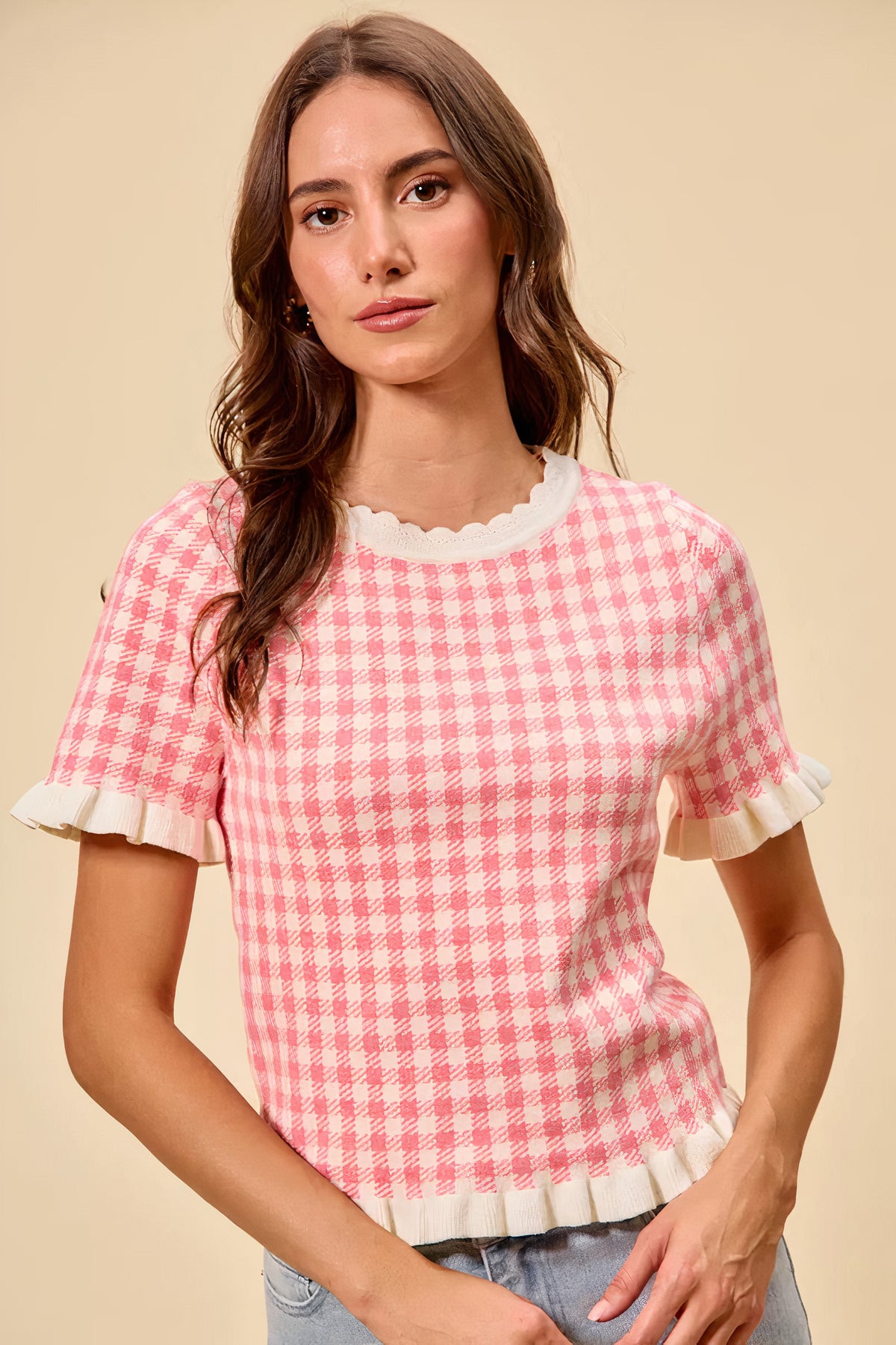 so me gingham knit ruffled short sleeves sweater top - everyday wear
