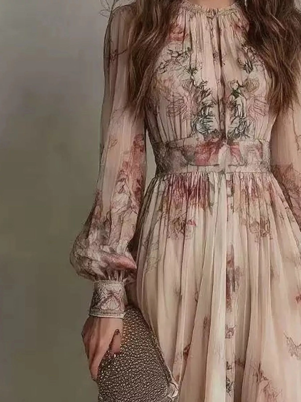 floral print long sleeve maxi dress – split | dropsona - neutral - front view