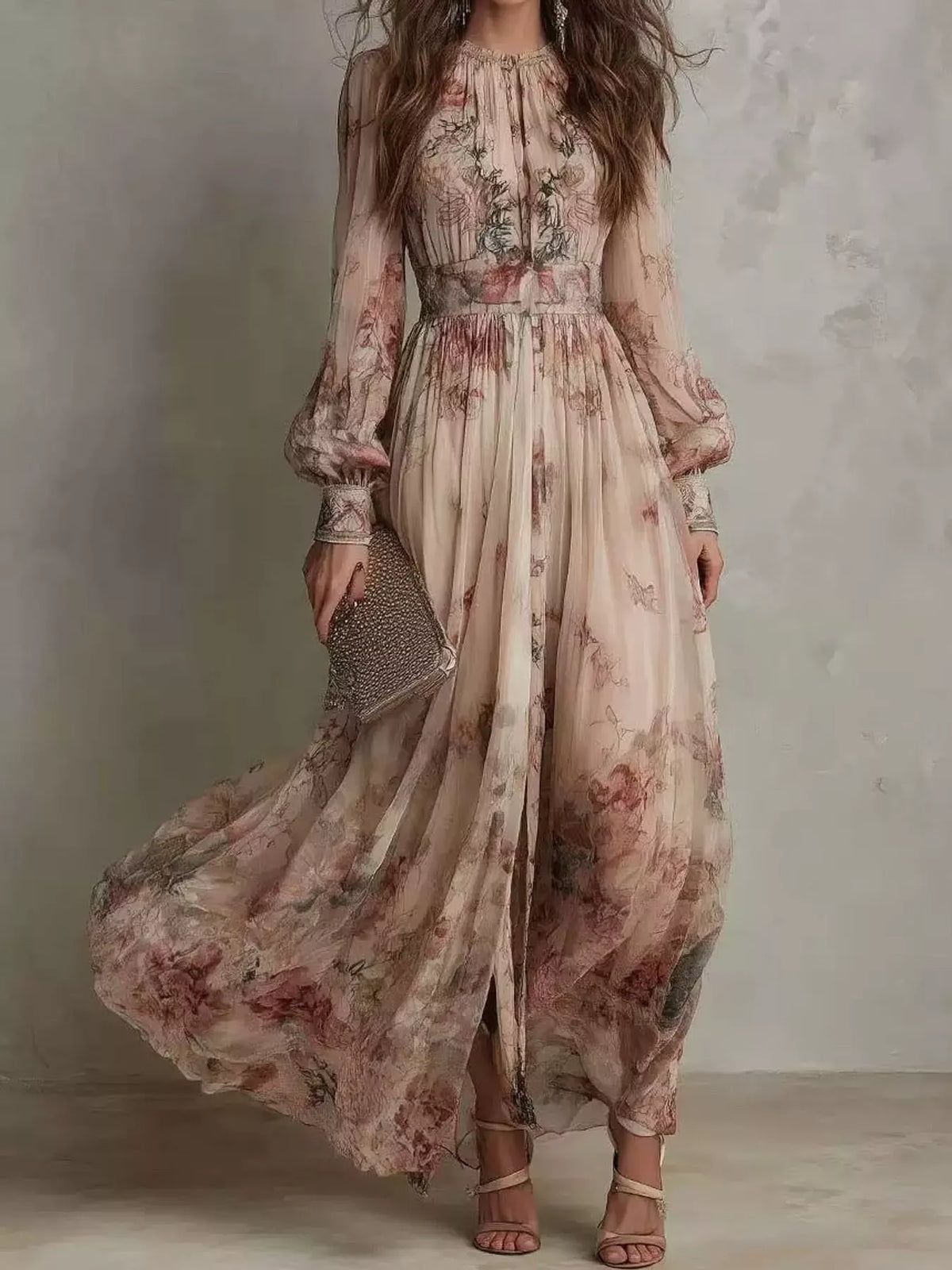 floral print long sleeve maxi dress – split | dropsona - neutral - everyday use