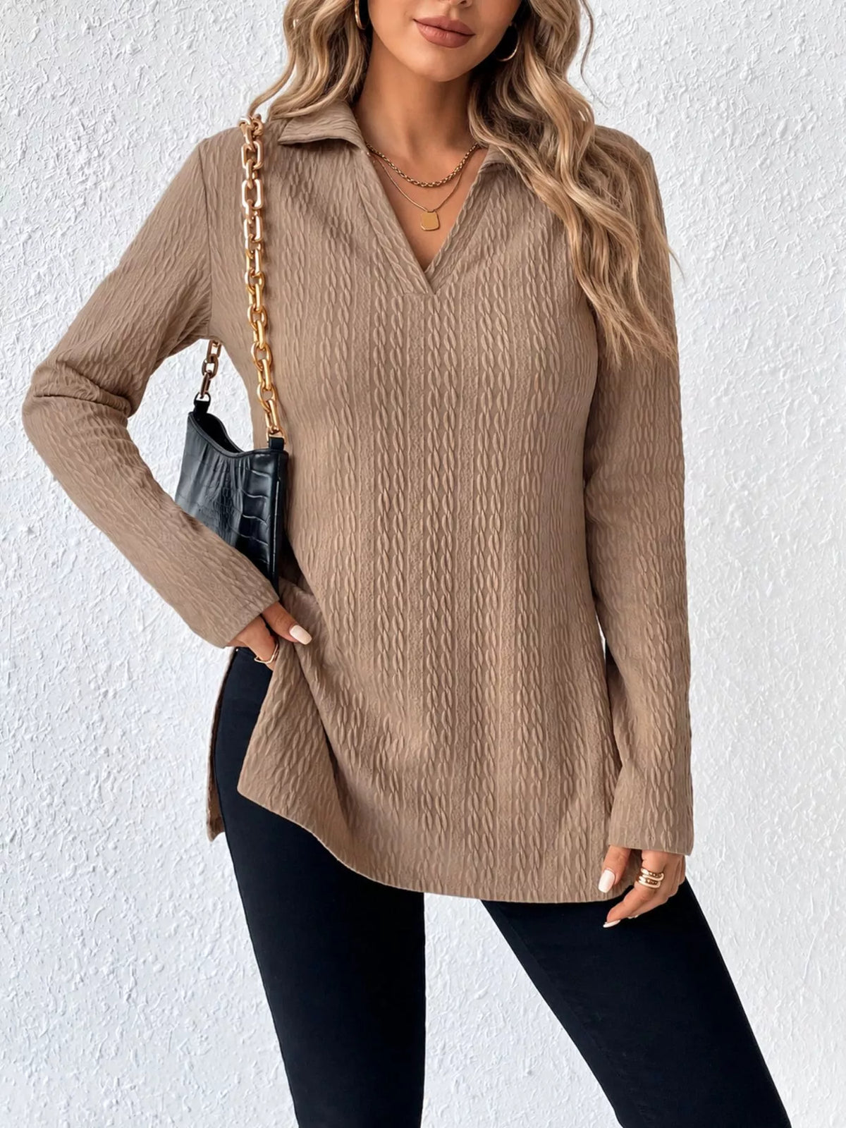textured v-neck long sleeve top with side slit | dropsona - neutral - everyday use