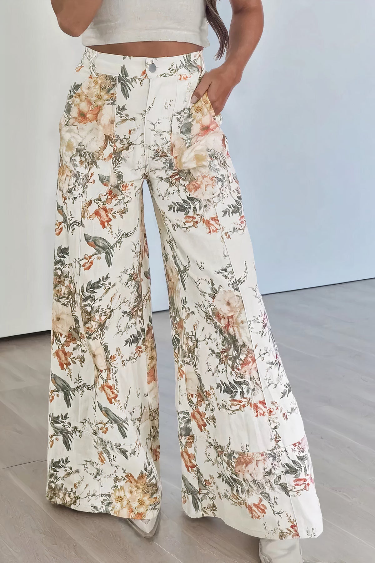 vintage style floral print high waist wide leg jeans - everyday wear