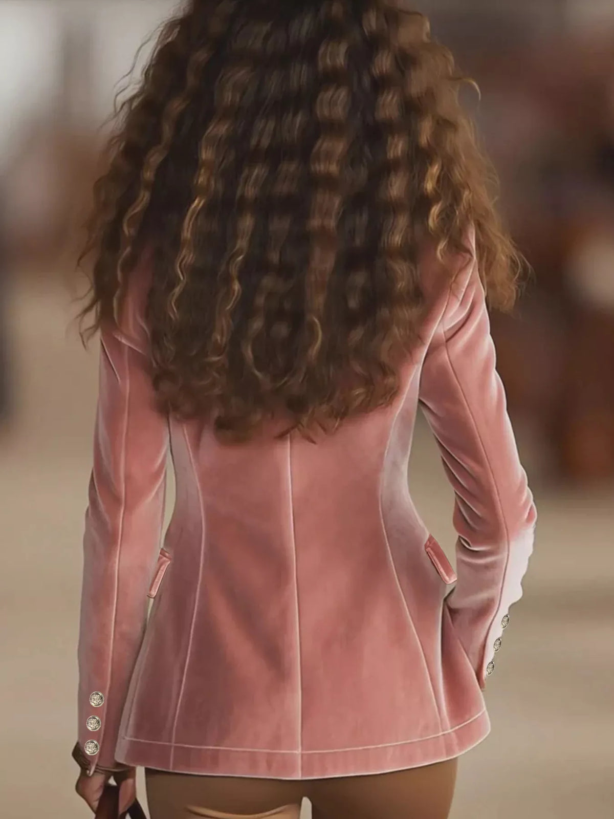 velvet one-button long sleeve blazer | dropsona - neutral - front view