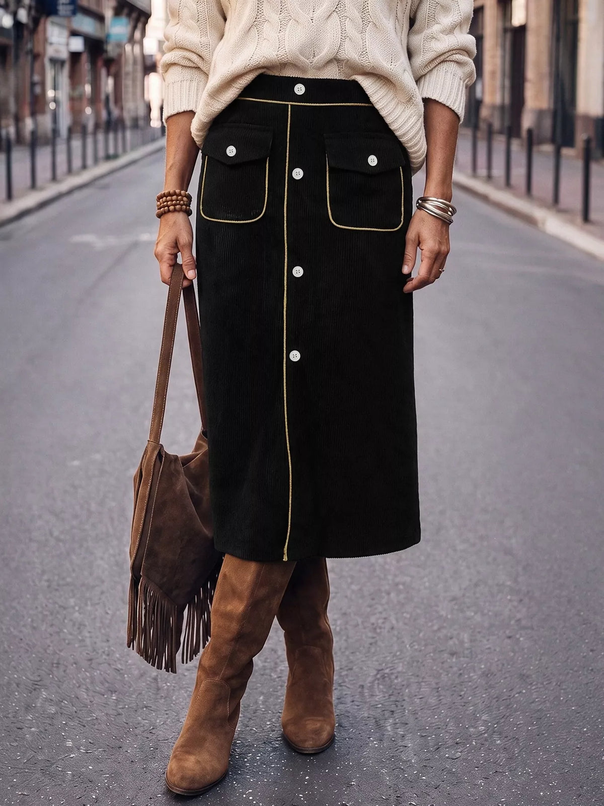 corduroy midi skirt – buttoned body: not lined | dropsona - neutral - front view