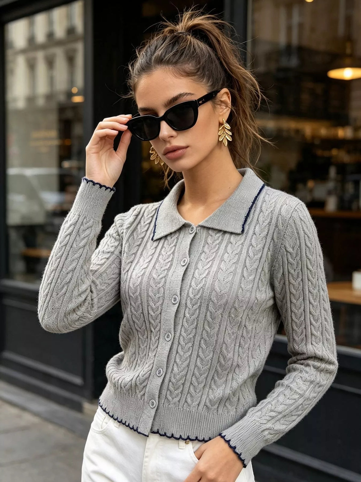 cable knit polo collar button-up cardigan | dropsona - neutral - everyday use