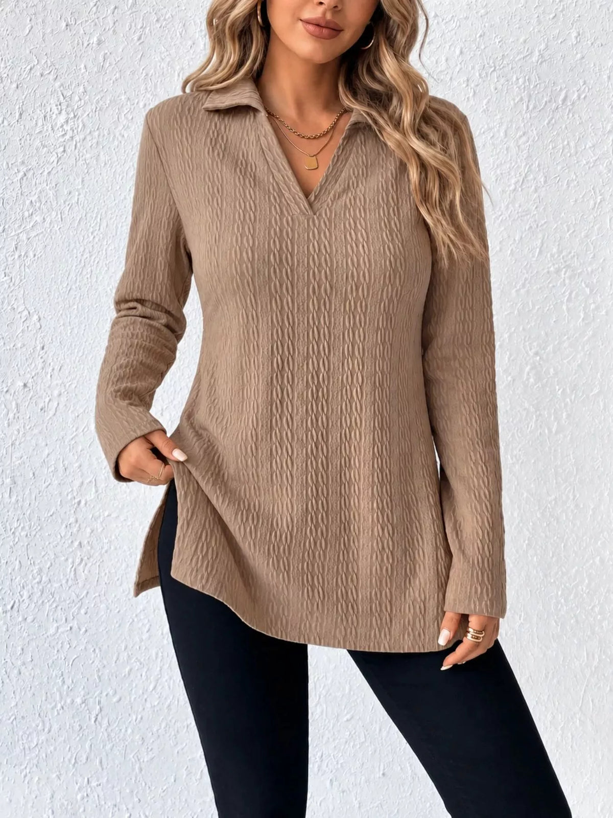 textured v-neck long sleeve top with side slit | dropsona - neutral - front view