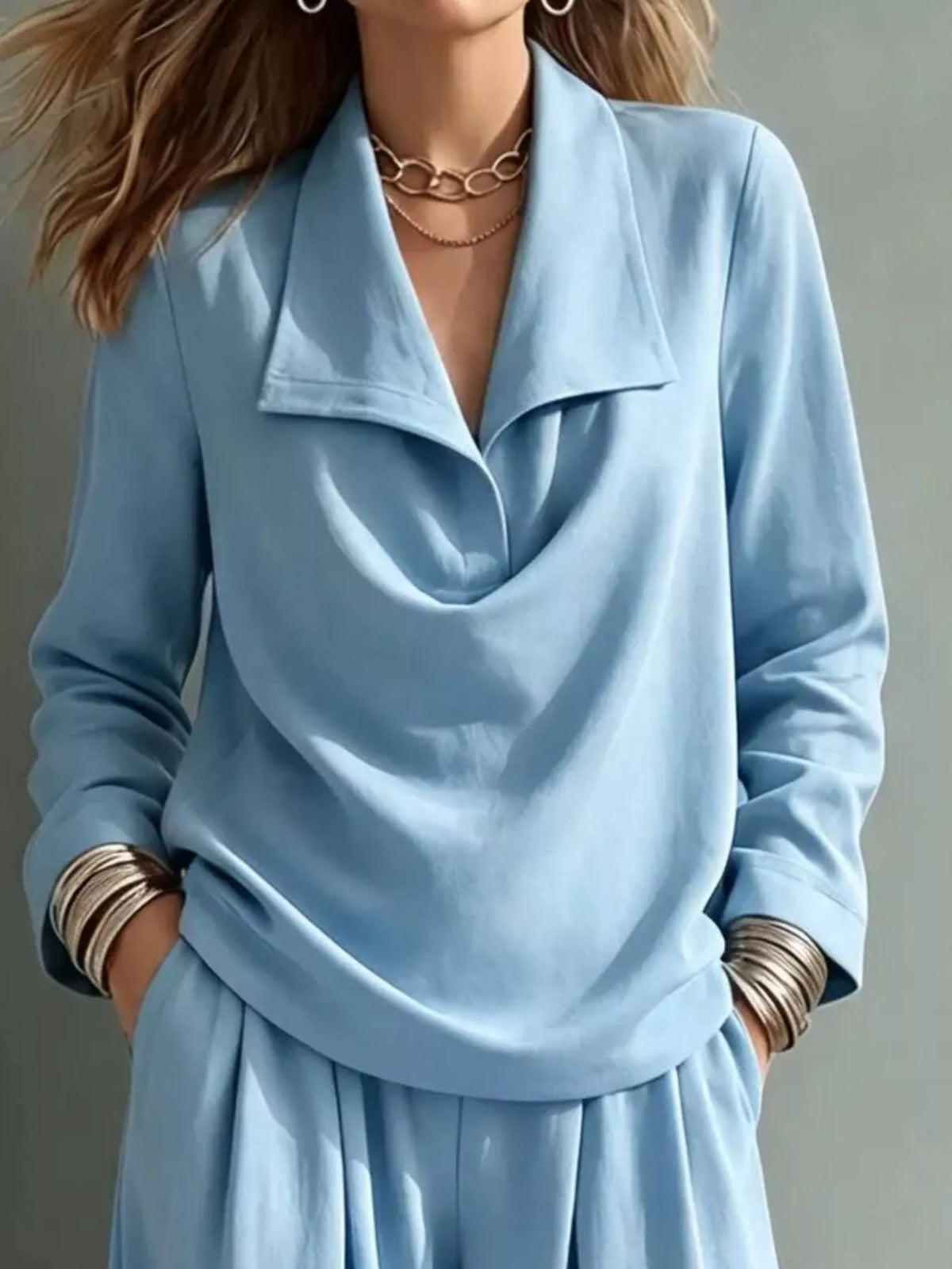 full size casual elegant top and wide-leg pants set | dropsona - neutral - front view