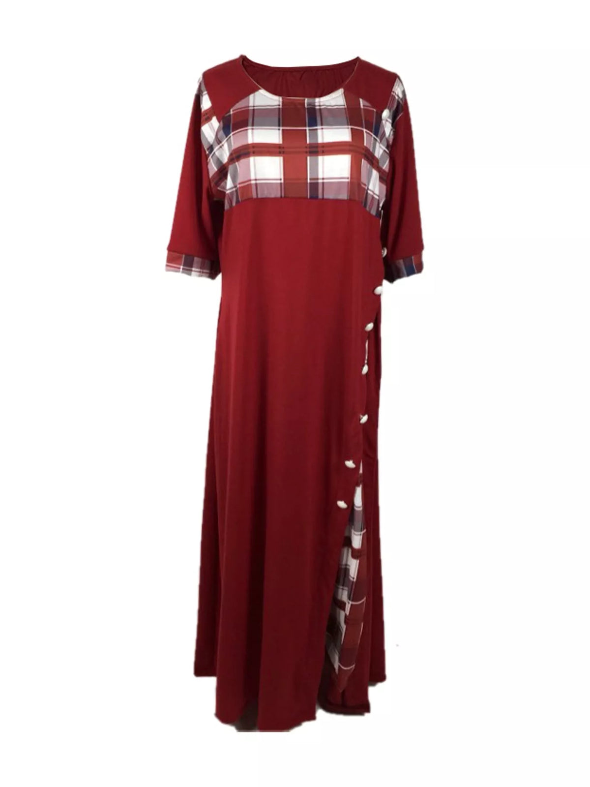 full size plaid half sleeve midi dress plus | dropsona - neutral - front view