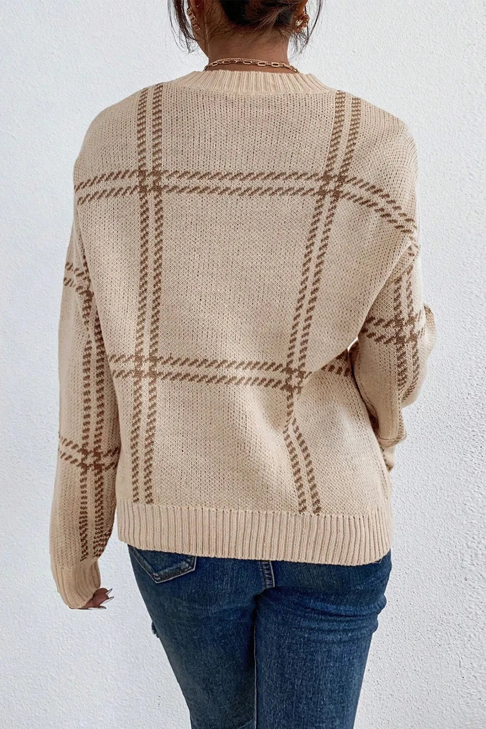 plaid round neck dropped shoulder sweater | dropsona - neutral - front view