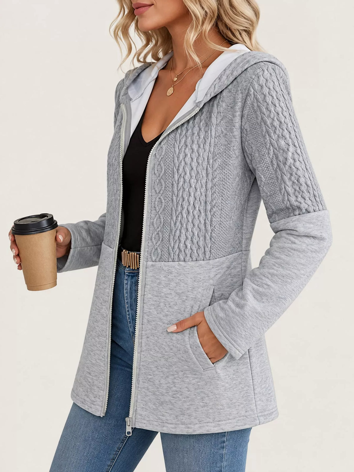 full size hooded zip-up jacket plus | dropsona - neutral - front view