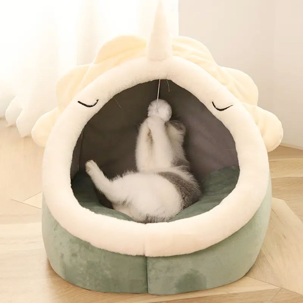adorable dinosaur pet house with toy – soft padded bed | dropsona - neutral - front view