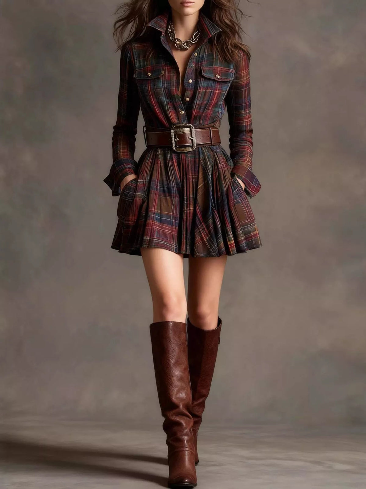 plaid long-sleeve shirt dress | dropsona - neutral - everyday use