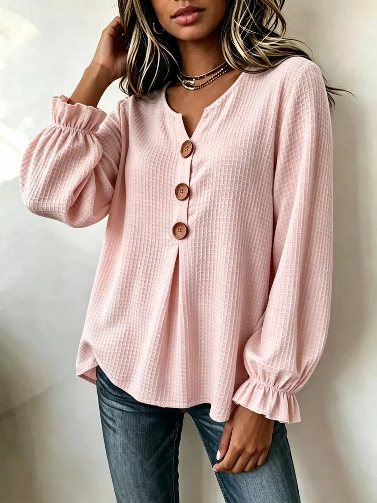 waffle knit long sleeve top | dropsona - neutral - everyday use