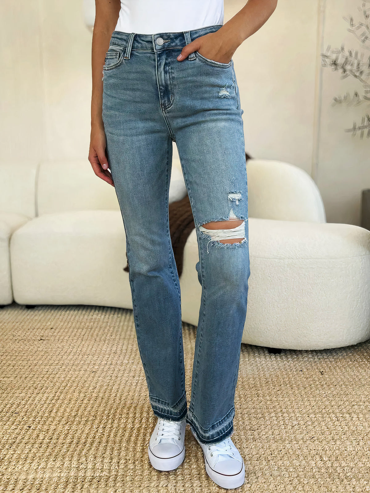 judy blue full size mid rise destroyed hem distressed jeans - everyday wear