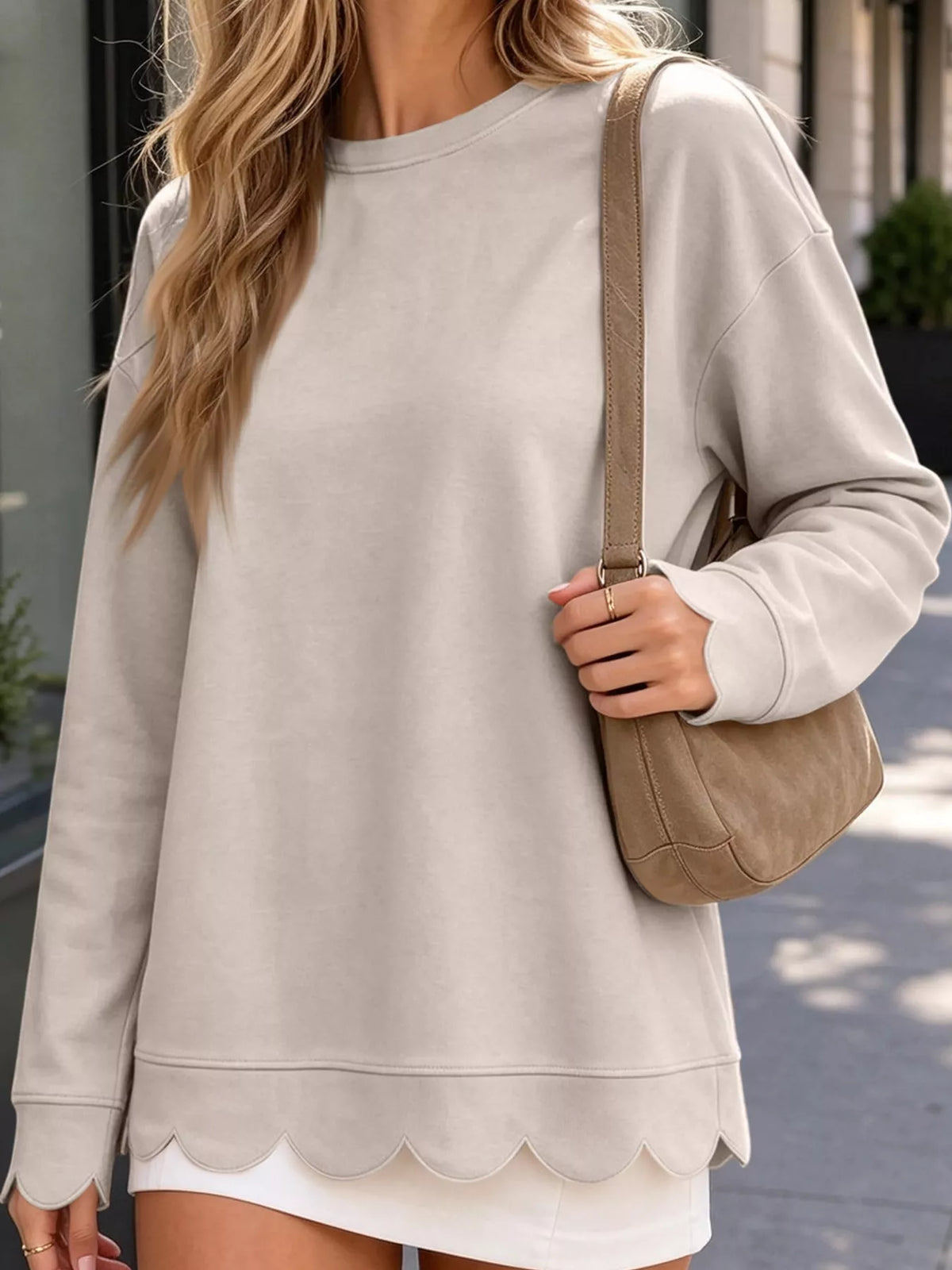 full size casual scalloped hem crewneck sweatshirt | dropsona - neutral - everyday use