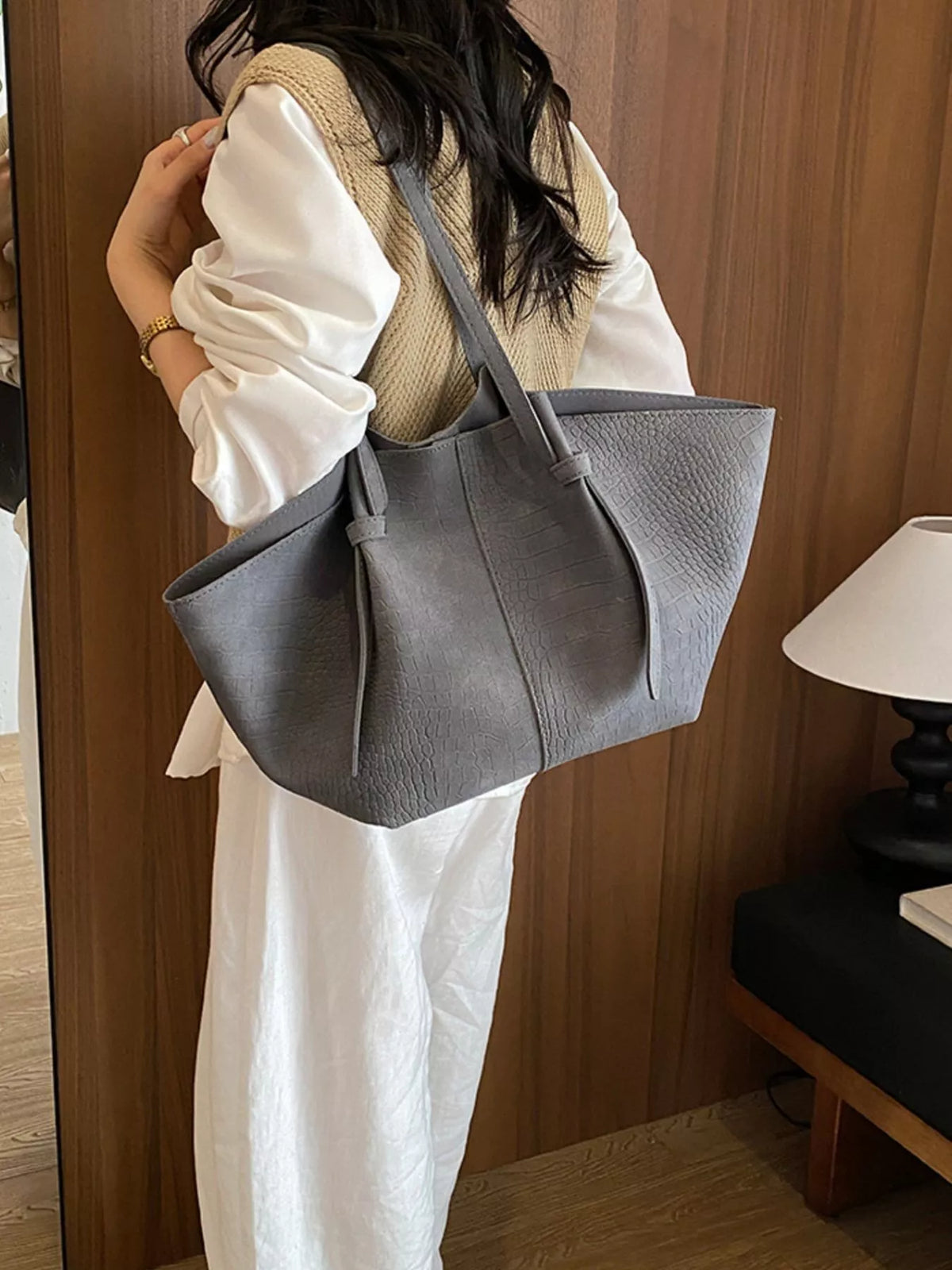 pu leather tote bag – stylish sling | dropsona - neutral - front view