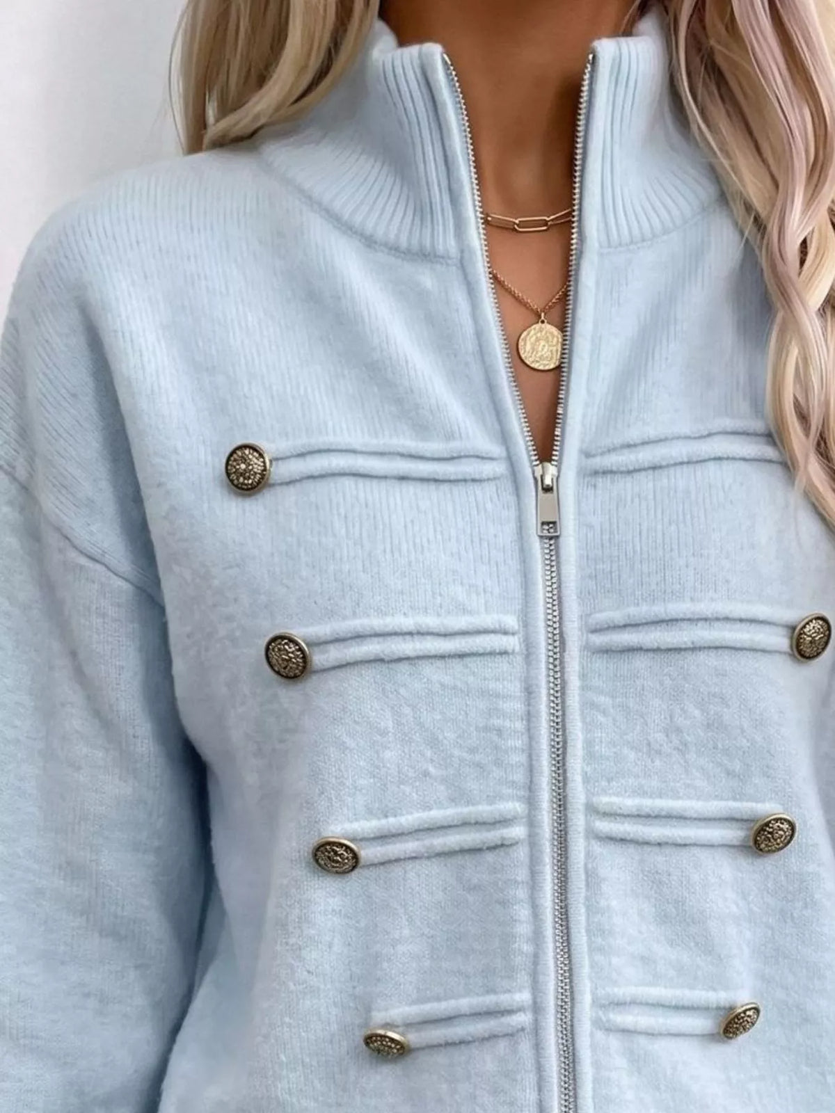 zip-up long sleeve cardigan – decorative button | dropsona - neutral - front view