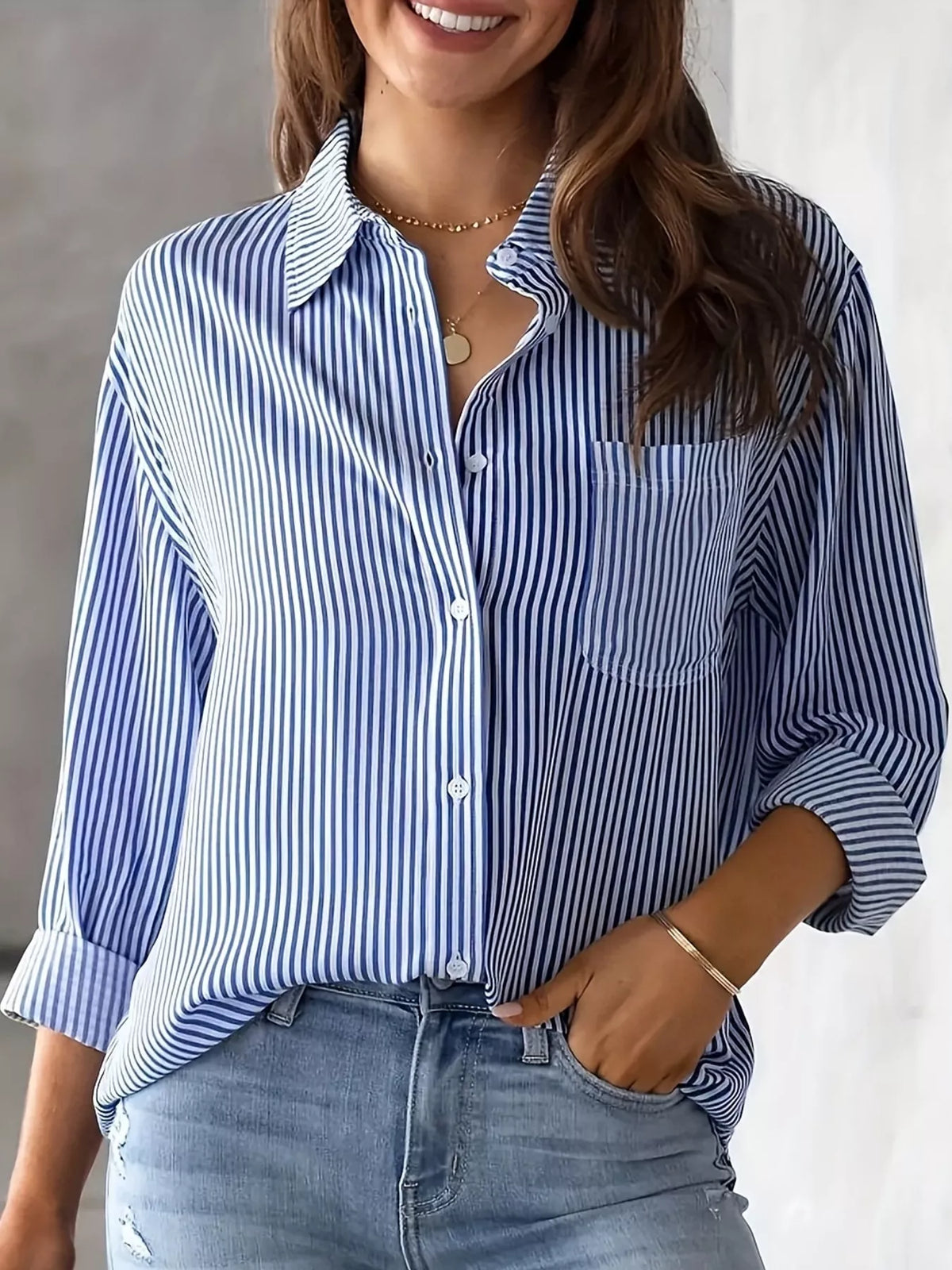 full size striped button-down long sleeve shirt plus | dropsona - neutral - everyday use