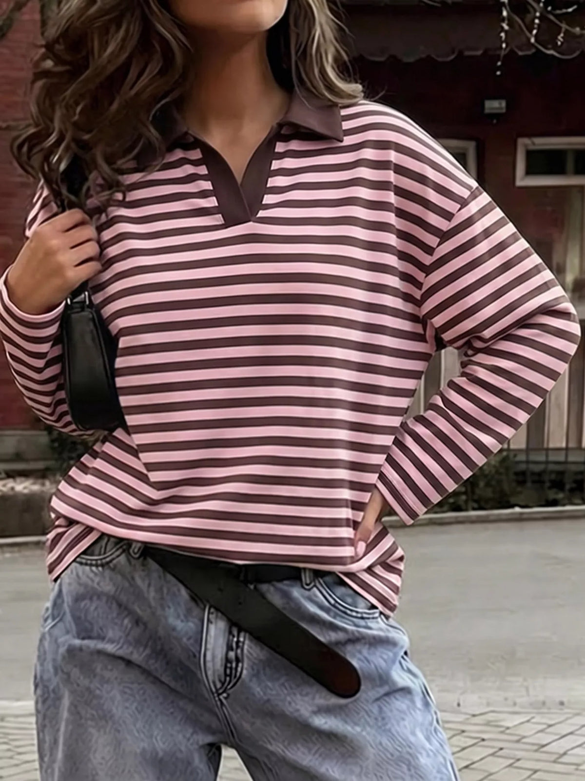 vintage striped polo collar long sleeve top | dropsona - neutral - everyday use