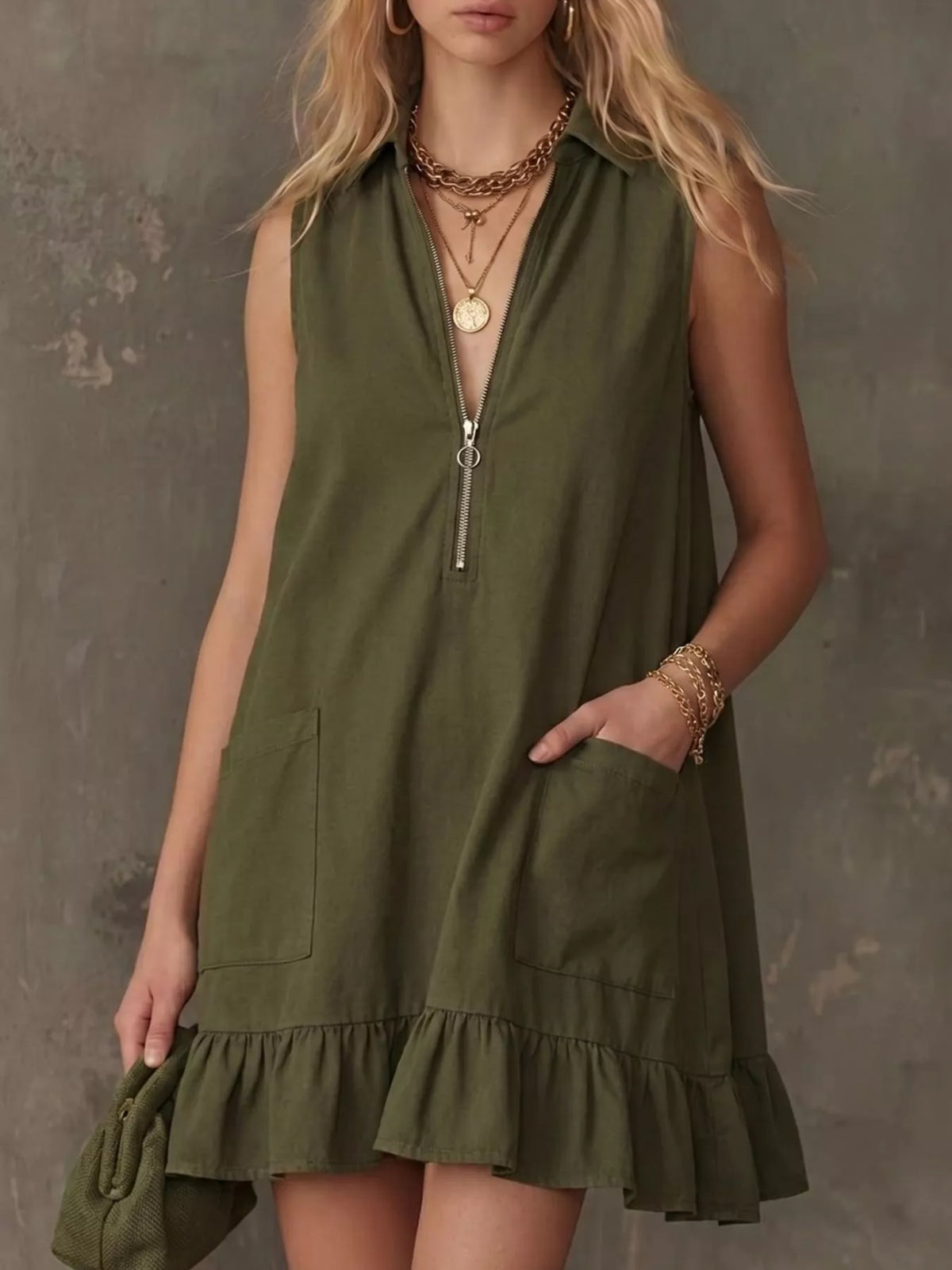 sleeveless collared zip-front ruffle hem dress | dropsona - neutral - everyday use