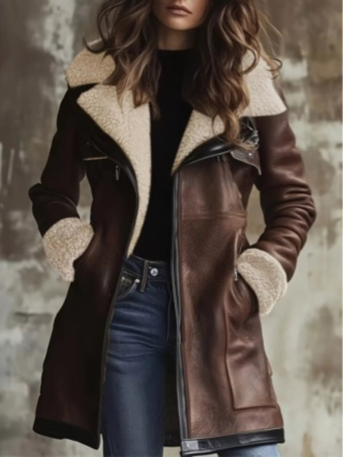zip up sherpa leather outerwear – pocketed,zipper | dropsona - neutral - everyday use