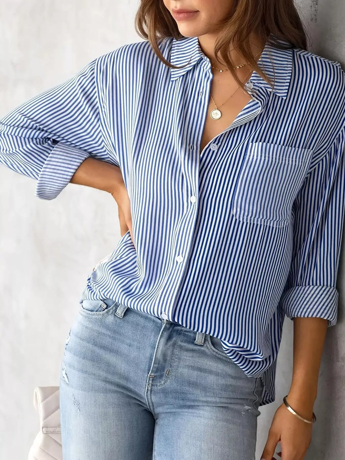 full size striped button-down long sleeve shirt plus | dropsona - neutral - front view
