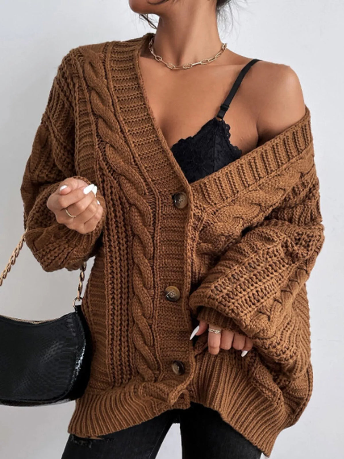 cable knit button-down cardigan | dropsona - neutral - front view