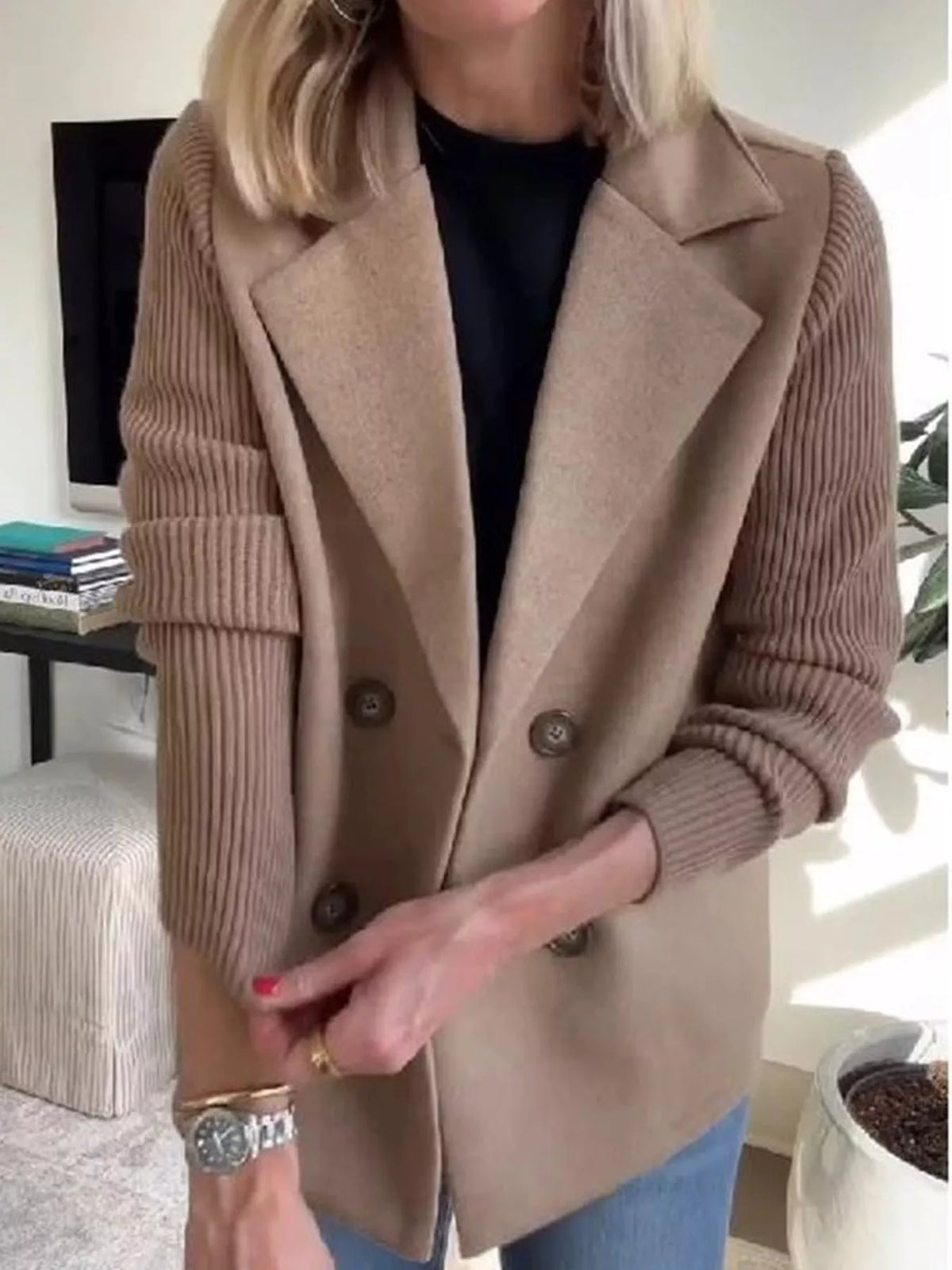 full size double-breasted lapel collar blazer plus | dropsona - neutral - front view
