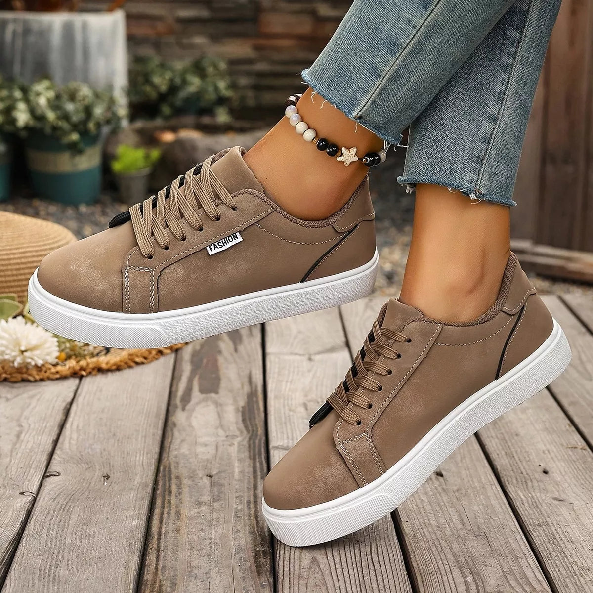 round toe lace up sneakers – aloha sandals | dropsona - neutral - front view