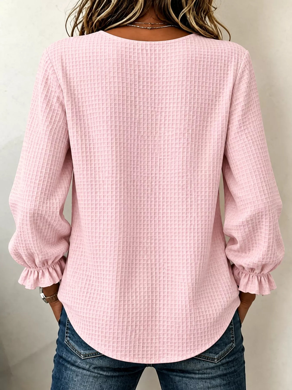full size waffle knit flounce sleeve blouse plus | dropsona - neutral - front view