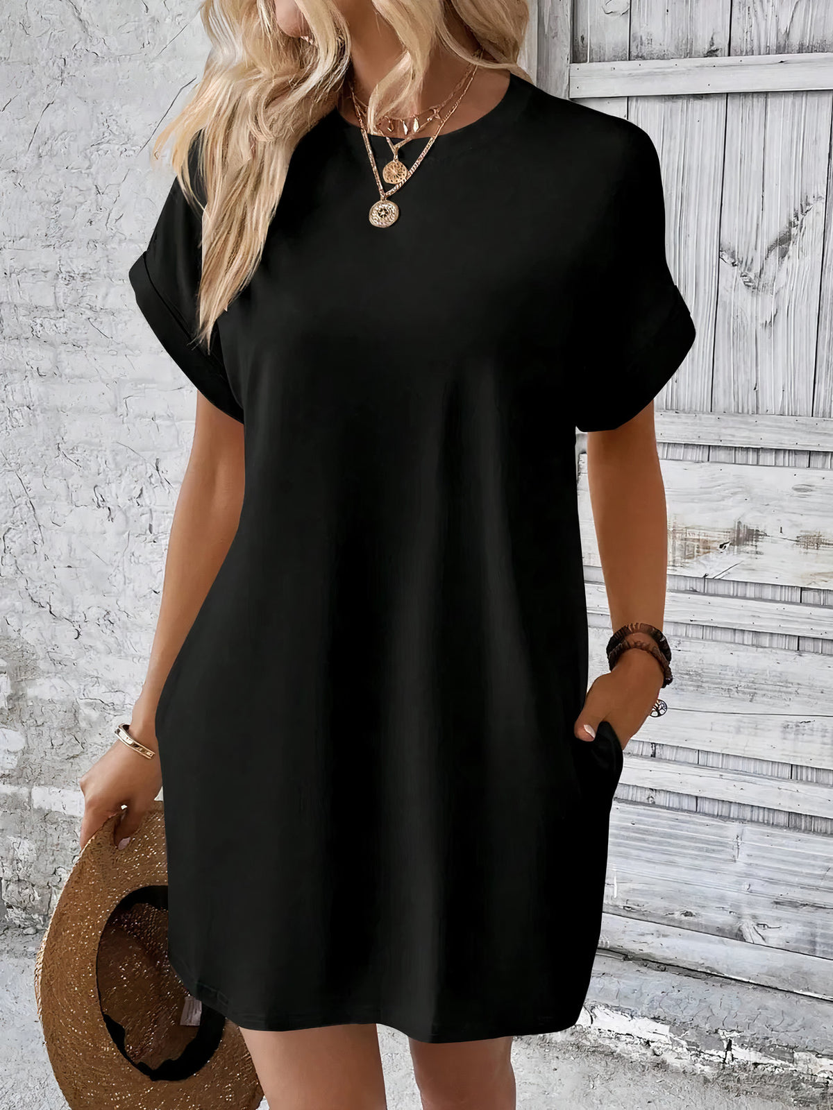 round neck short sleeve mini dress – basic style | dropsona - neutral - everyday use