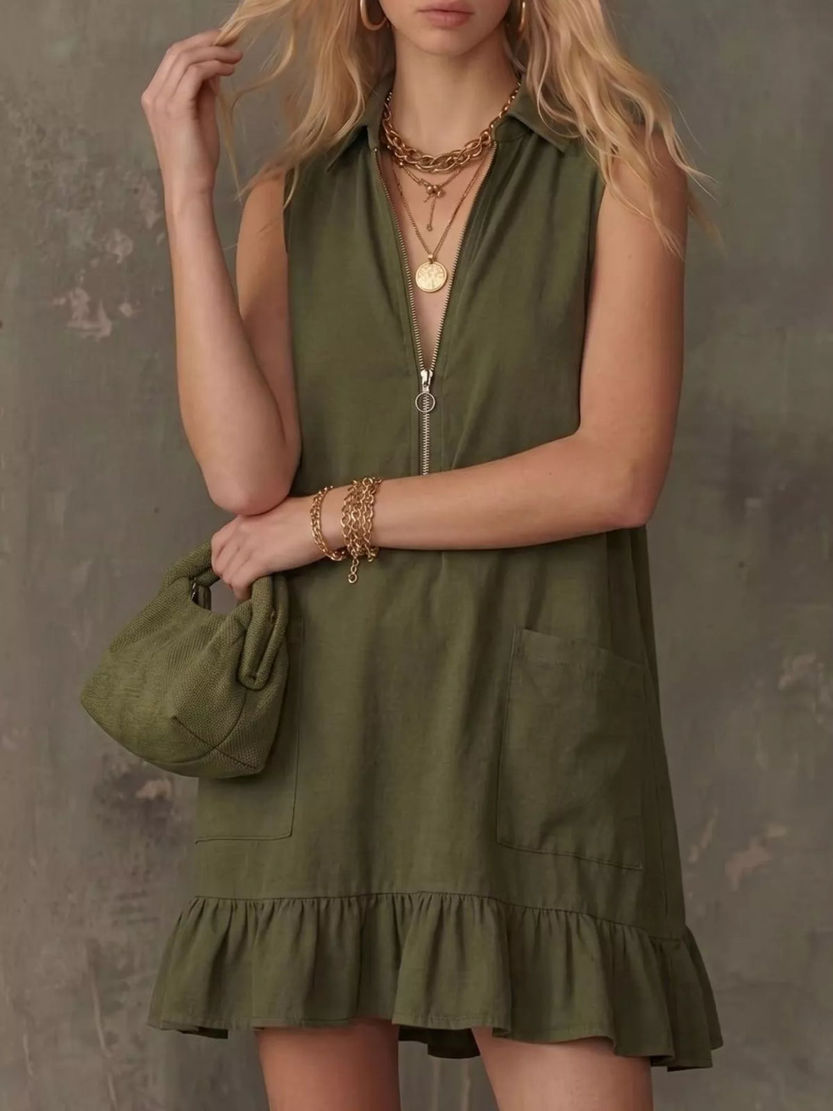 sleeveless collared zip-front ruffle hem dress | dropsona - neutral - front view