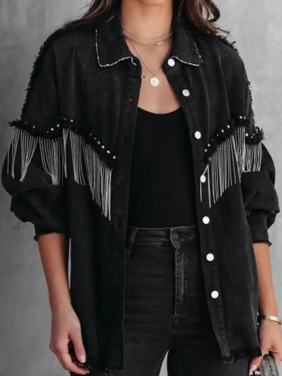 full size fringe embellished washed denim jacket plus | dropsona - neutral - front view