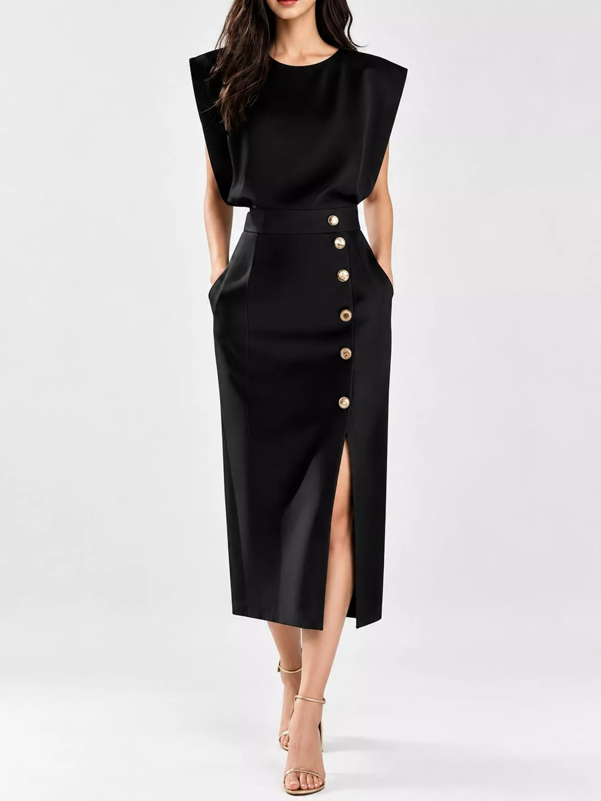 sleeveless midi dress with gold button detail and | dropsona - neutral - everyday use