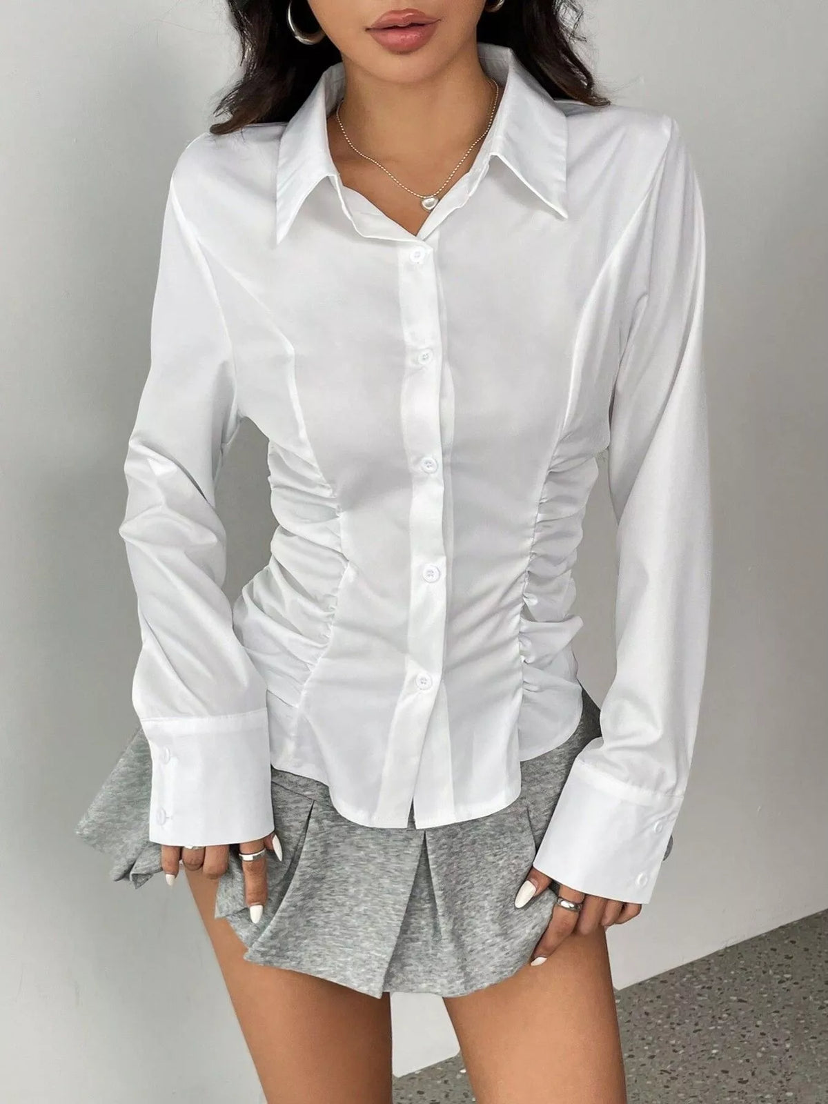 ruched slim-fit button-down shirt – buttoned,ruched | dropsona - neutral - front view
