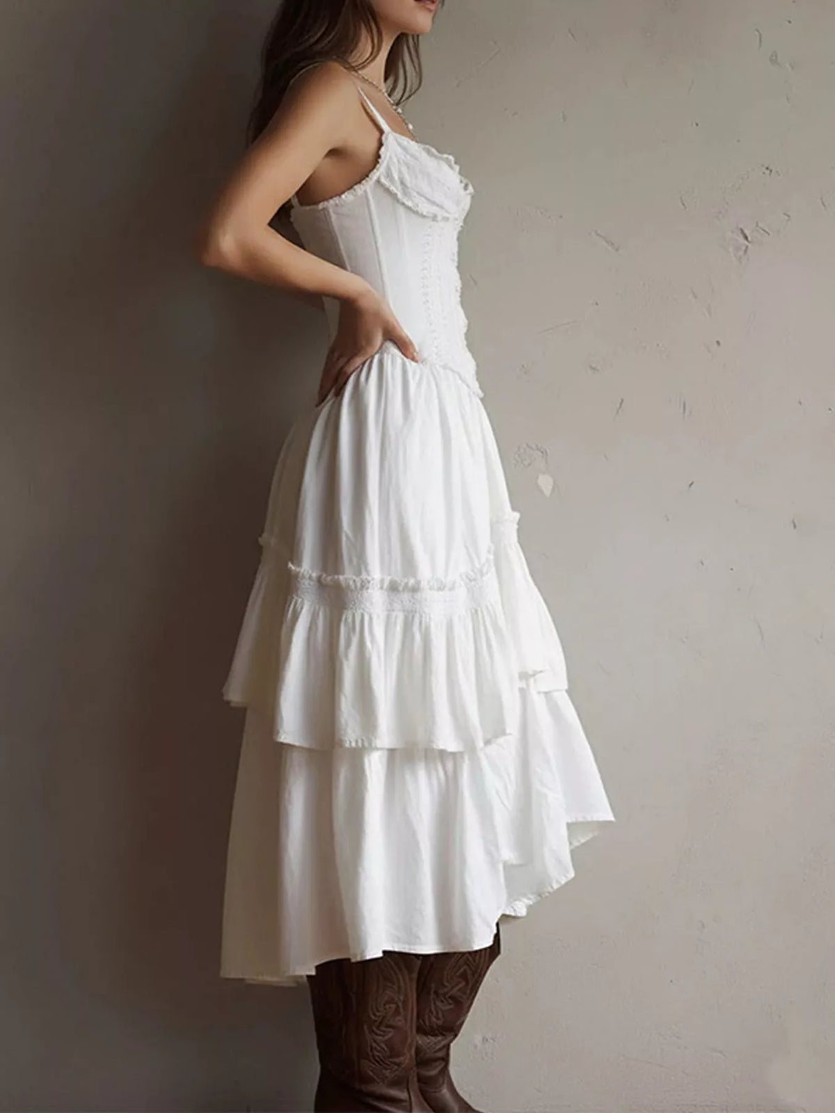 full size layered ruffle midi dress plus | dropsona - neutral - front view