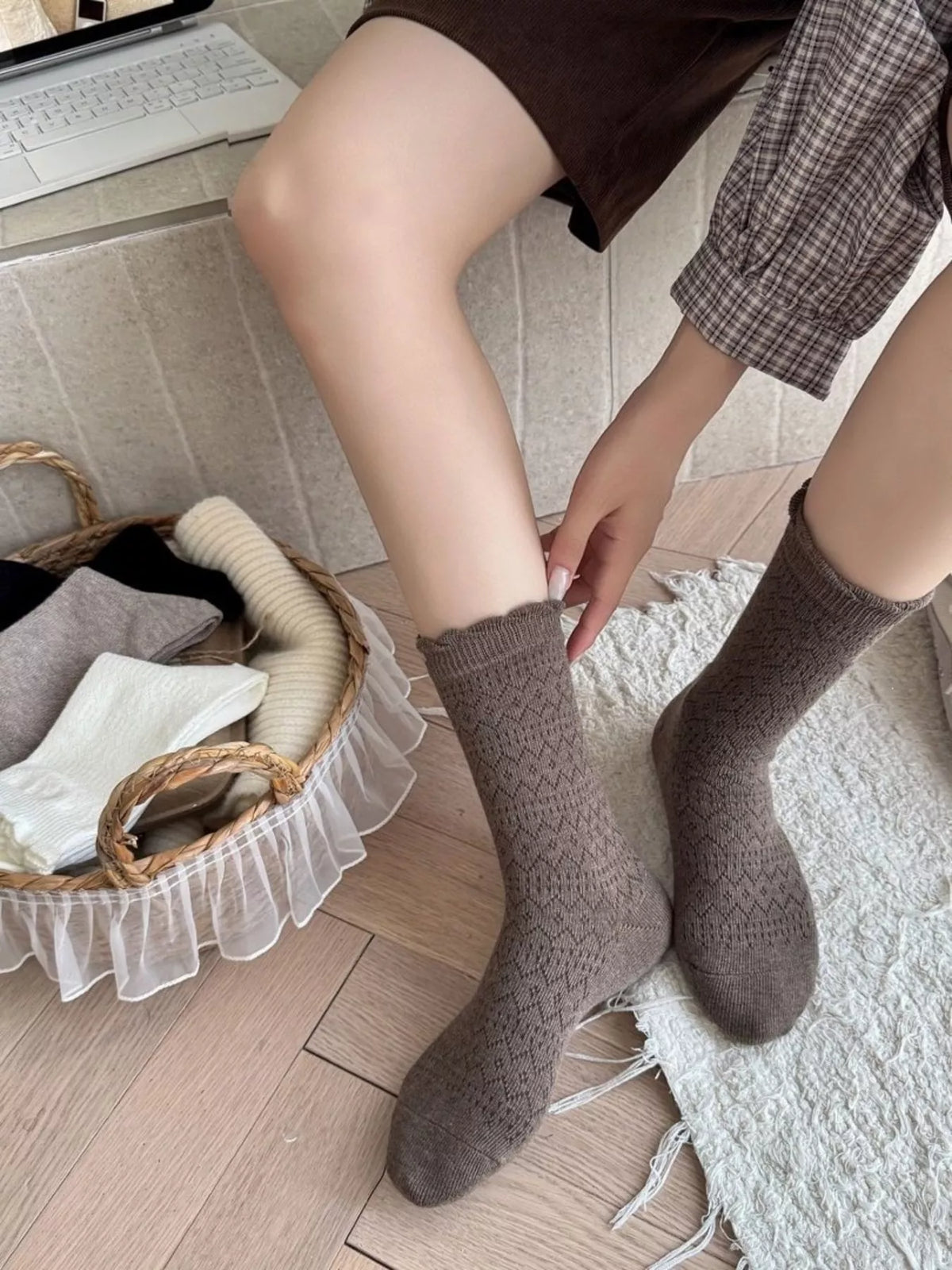 vintage hollow-out knit mid-calf socks | dropsona - neutral - everyday use