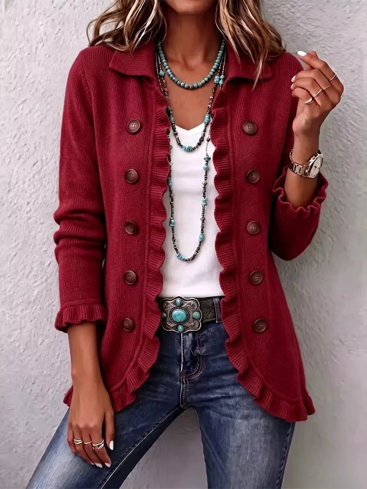 full size ruffled trim decorative button cardigan | dropsona - neutral - everyday use
