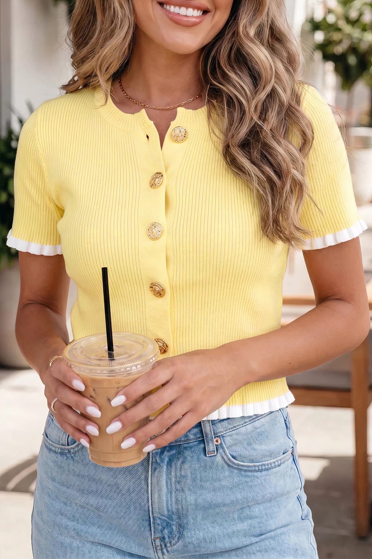 ribbed knit contrast frilled short sleeve sweater cardigan - everyday wear