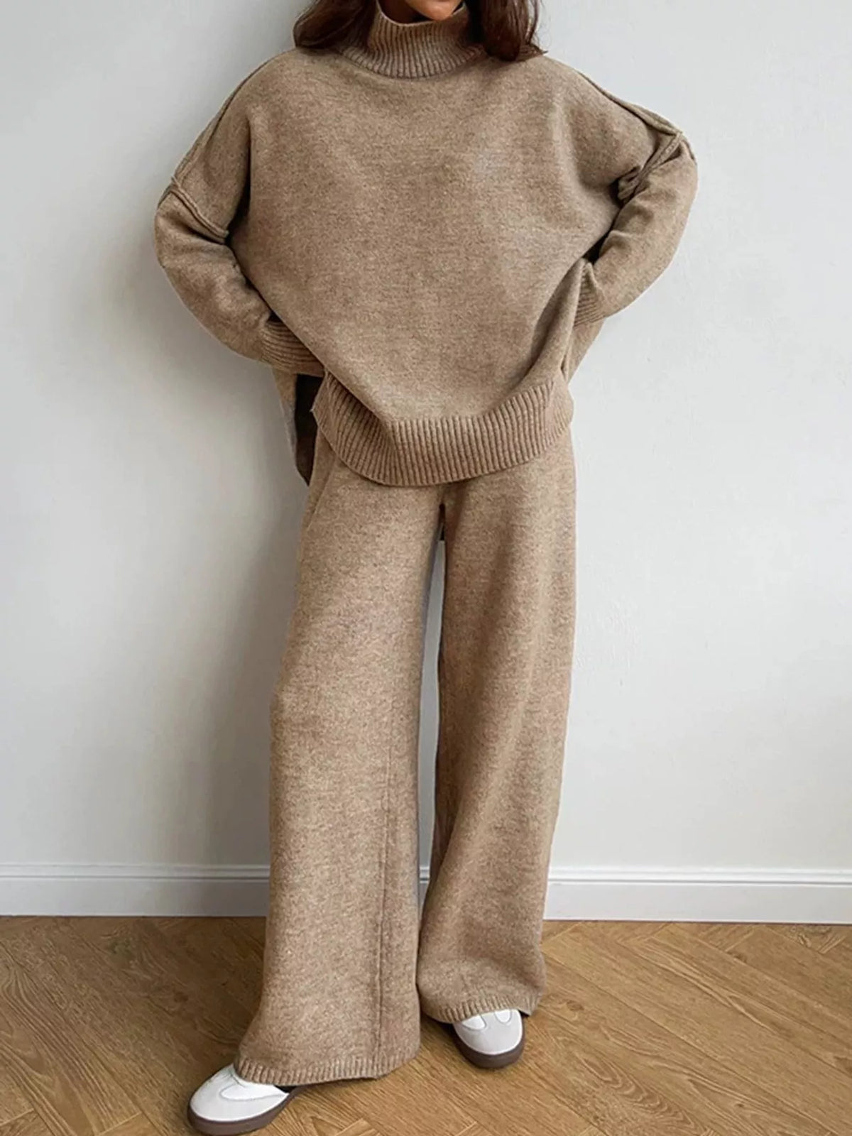 full size oversized turtleneck knit top and wide-leg | dropsona - neutral - everyday use