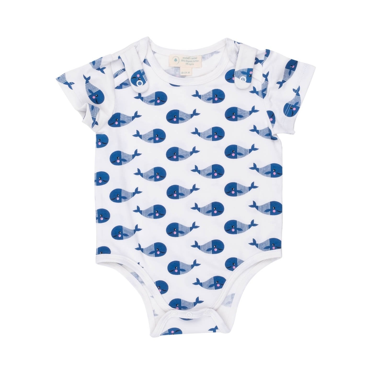 smart short sleeve baby bodysuit + bib - blue whale | dropsona - neutral - close-up detail