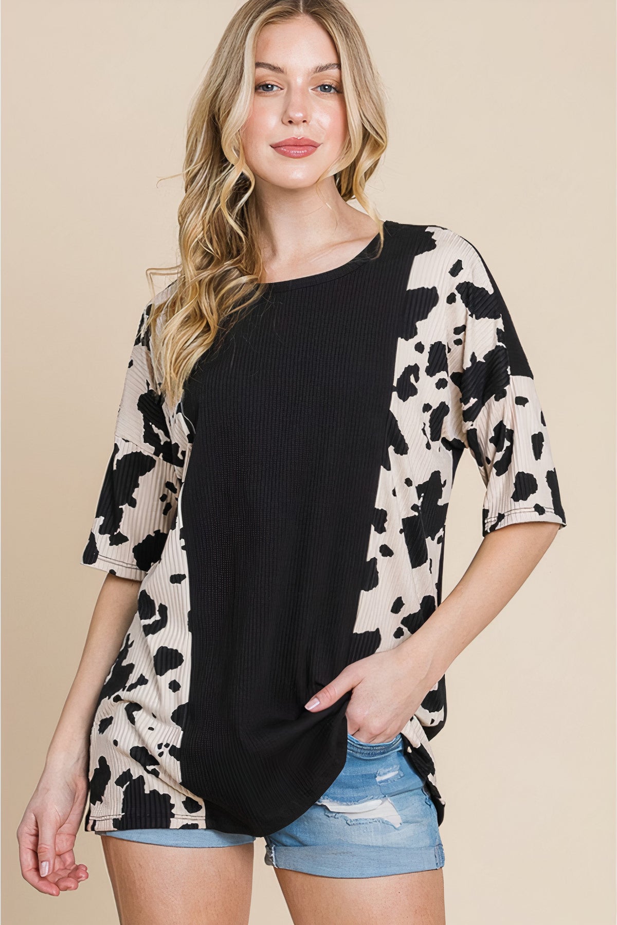 bombom rodeo love ribbed animal contrast tee - everyday wear