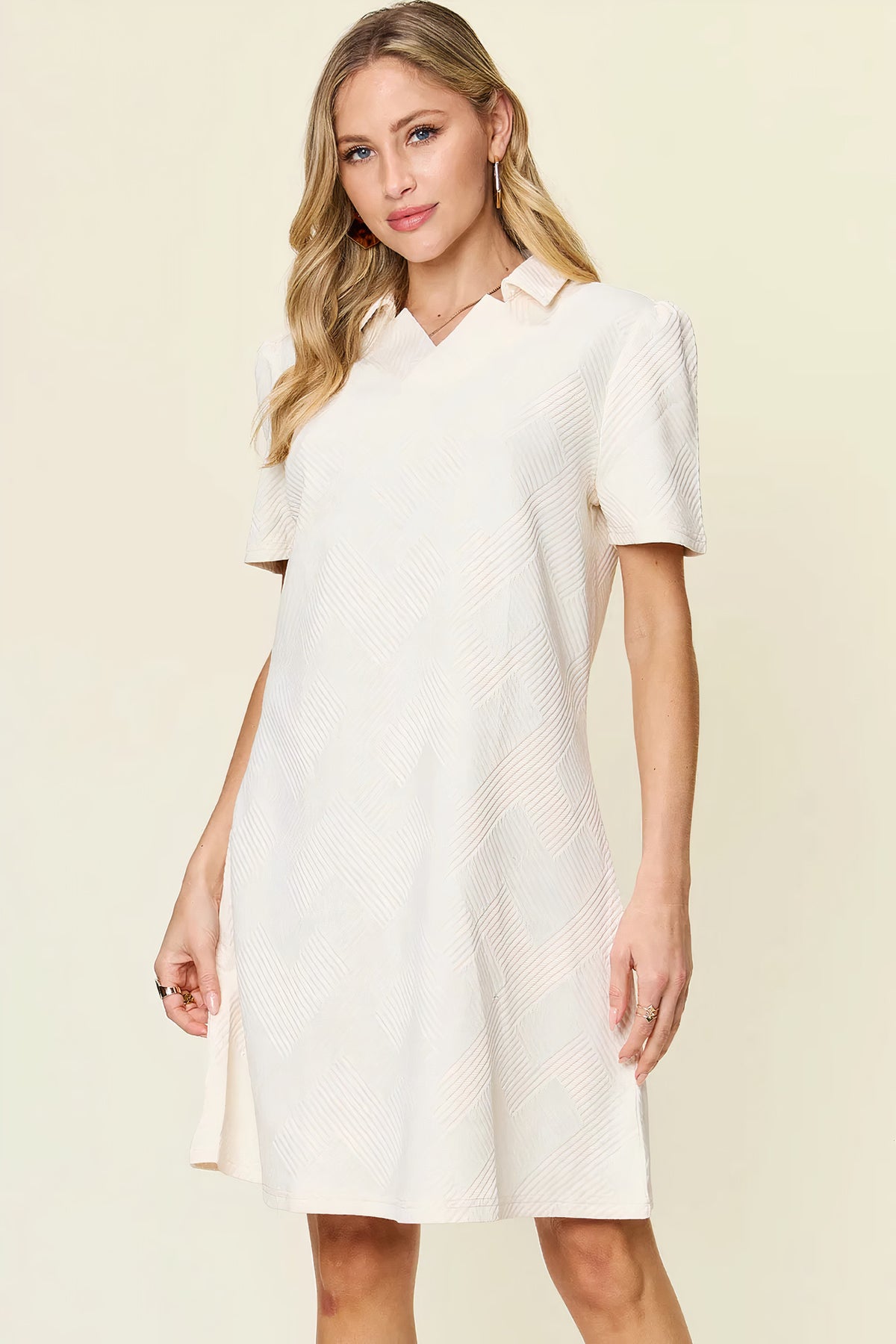 double take full size texture collared neck short sleeve dress - everyday wear