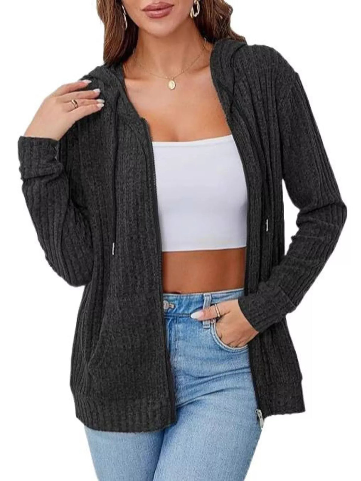 ribbed knit zip-up hooded cardigan | dropsona - neutral - front view