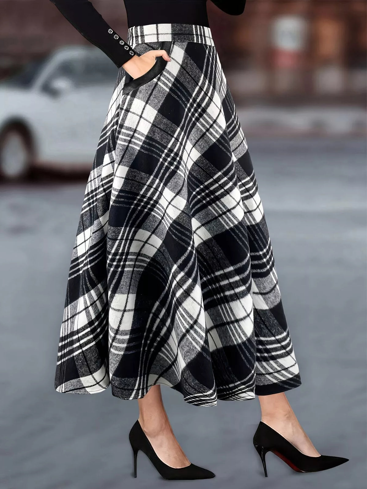 plaid a-line midi skirt with pockets | dropsona - neutral - everyday use