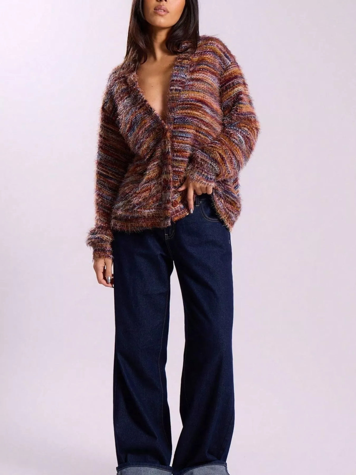 fuzzy knit v-neck button-down cardigan – buttoned | dropsona - neutral - front view