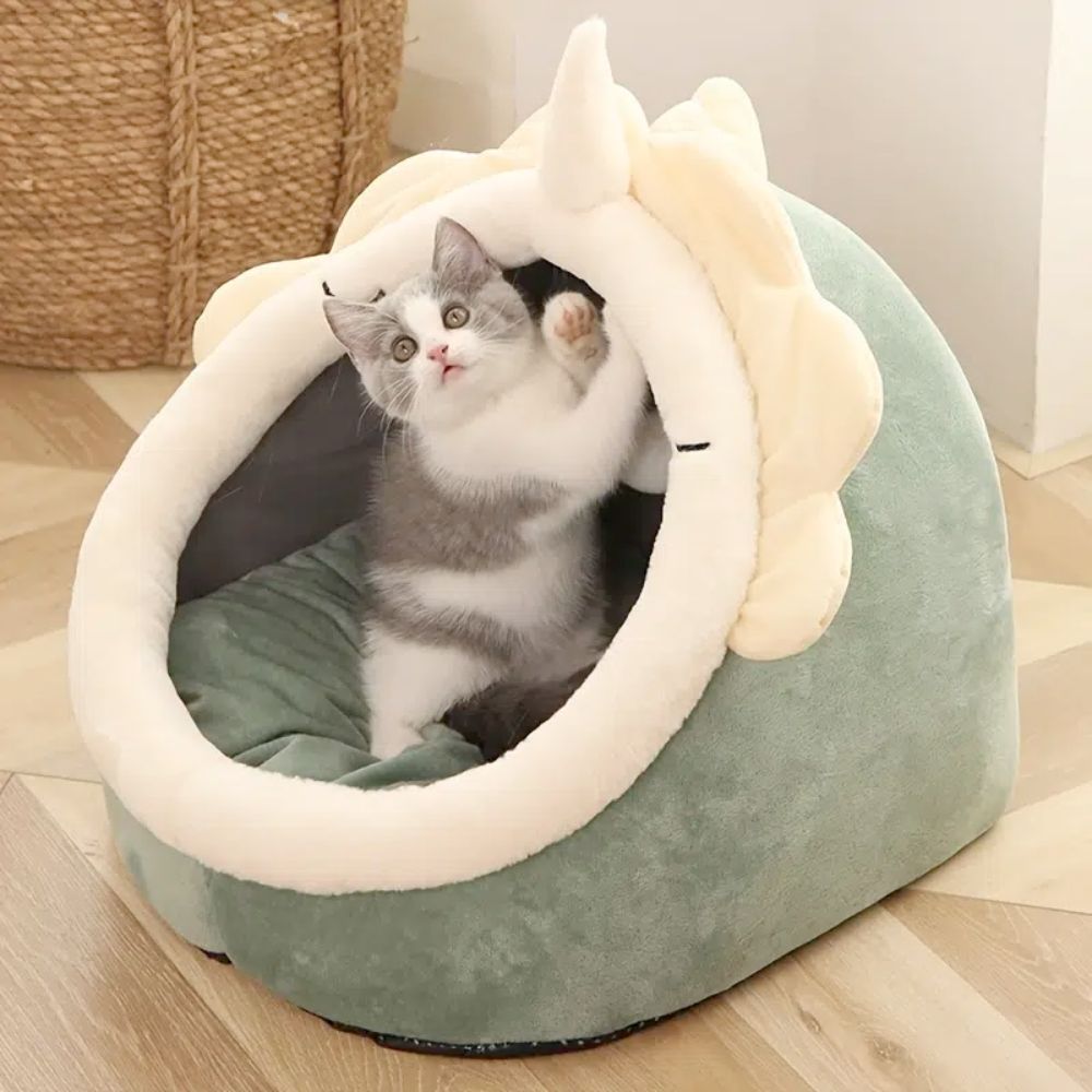 adorable dinosaur pet house with toy – soft padded bed | dropsona - neutral - close-up detail