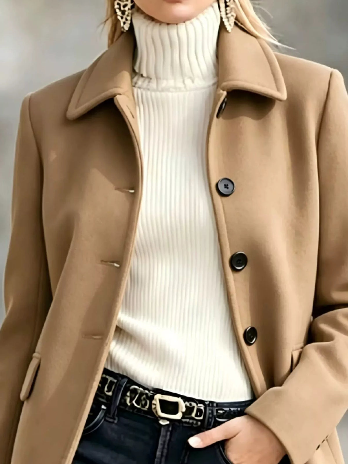 button up collared neck coat | dropsona - neutral - front view