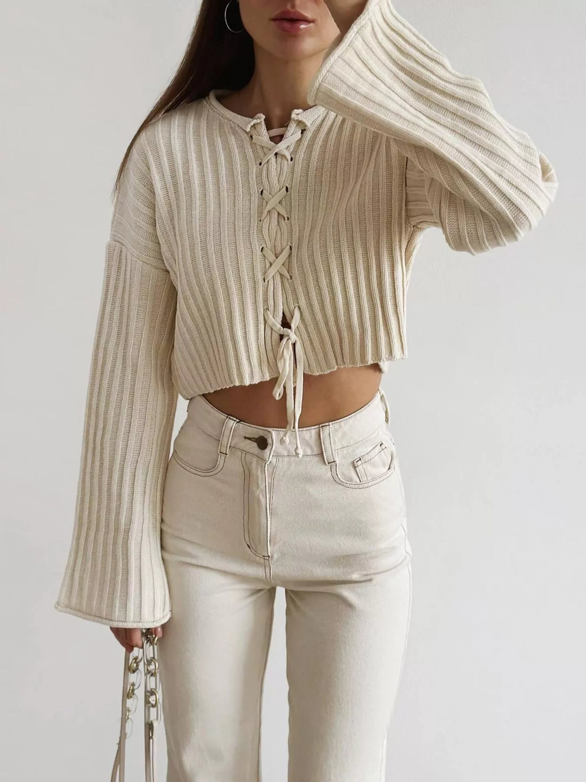 ribbed lace-up crop sweater – | dropsona - neutral - everyday use