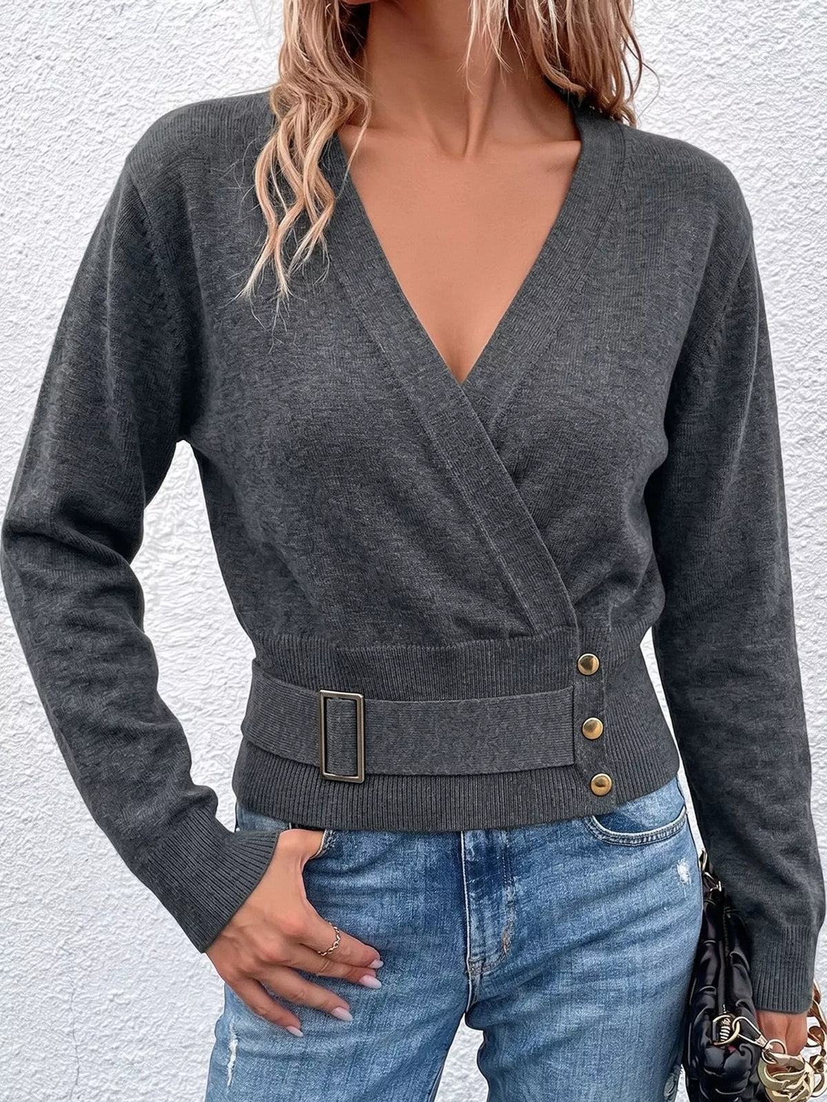 surplice elastic waist long sleeve knit top | dropsona - neutral - front view